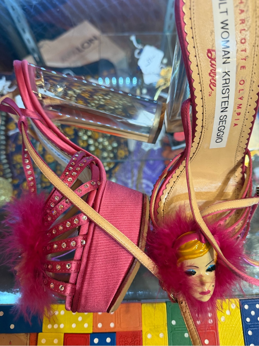 Charlotte Olympia Fuchsia Feather Mask Slingback Heels - Picture 3 of 3